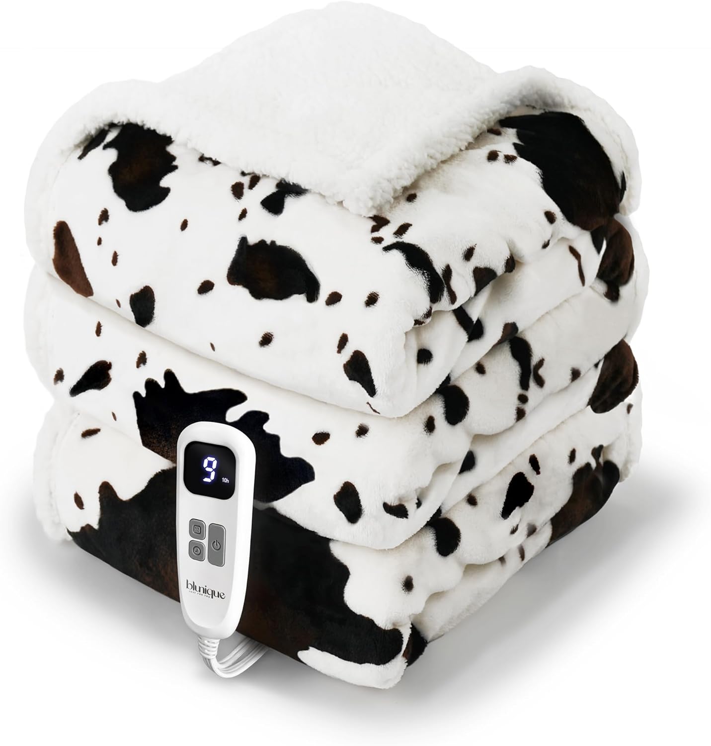 Cow Print Heated Blanket Full-Heating Electric Blanket Full with 10 Heat Levels & 10 Hours Auto-Off, Cozy Soft Fleece Sherpa, Washable, 72 x 84 Inches Cow Print White