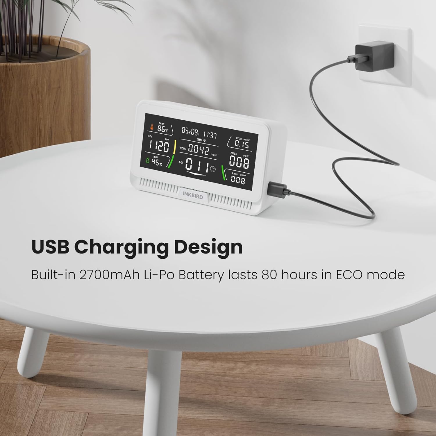 10-in-1 Air Quality Monitor with WiFi App Alerts | CO2, PM2.5, HCHO, TVOC Detector | 6.1" HD Display & 2Y Data Storage | Wall/Desk Mount for Home, Office, School (White)