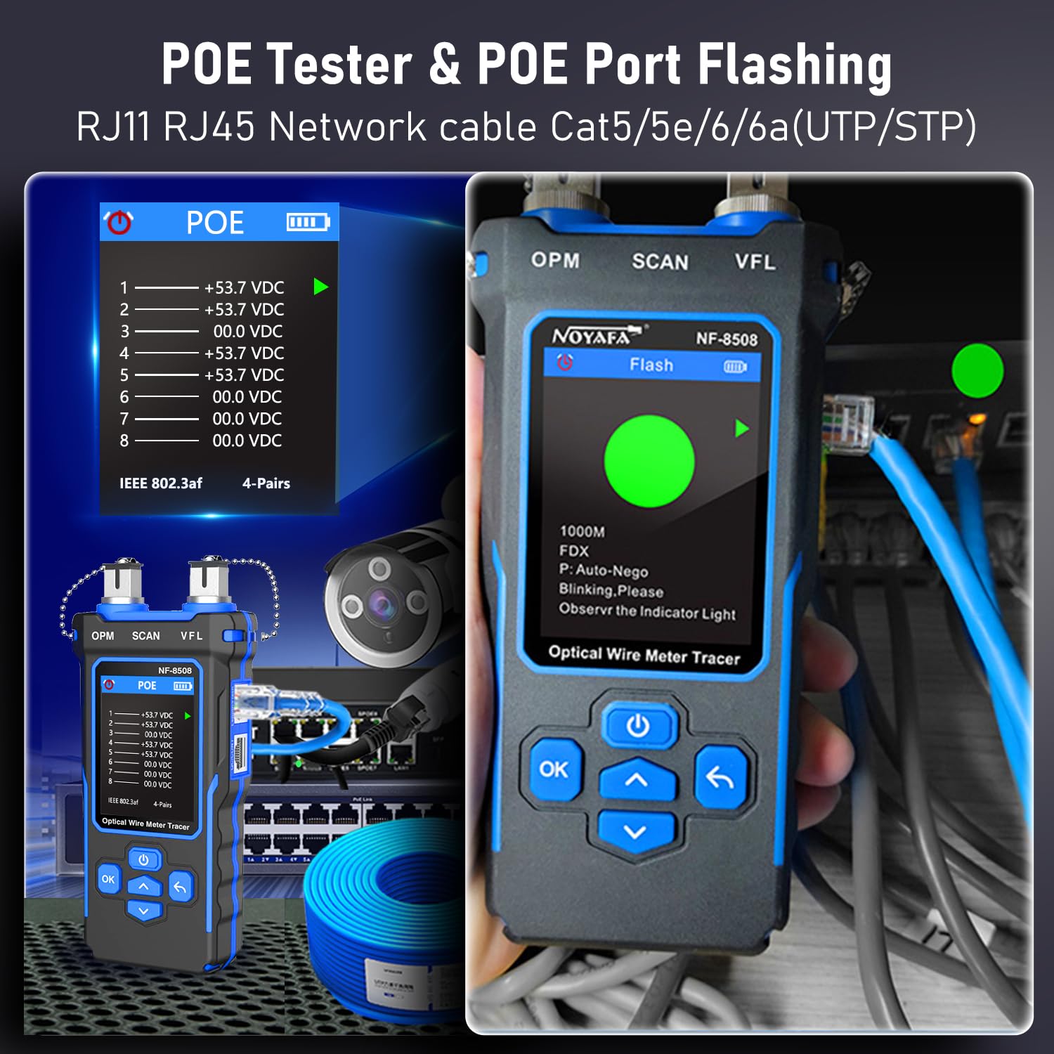 YILTION NF-8508 Network Cable Tester with Optical Power Meter VFL, RJ11 RJ45/PoE Tester/CAT5 CAT6/length Measurement, Telephone line Trace Meter with Headset, Network Tools