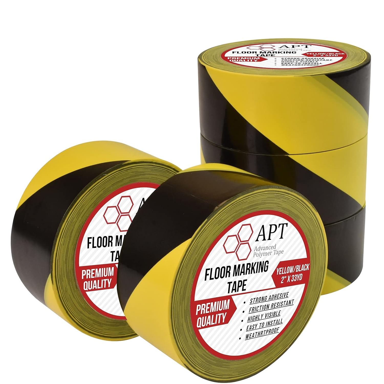 APT Premium Black and Yellow Striped Vinyl Floor Safety Marking Tape, Excellent for Hazard Caution& Warning, Social Distancing, Warehouse & Gym Floor (2 Inch, 5 Rolls, Yellow/Black)