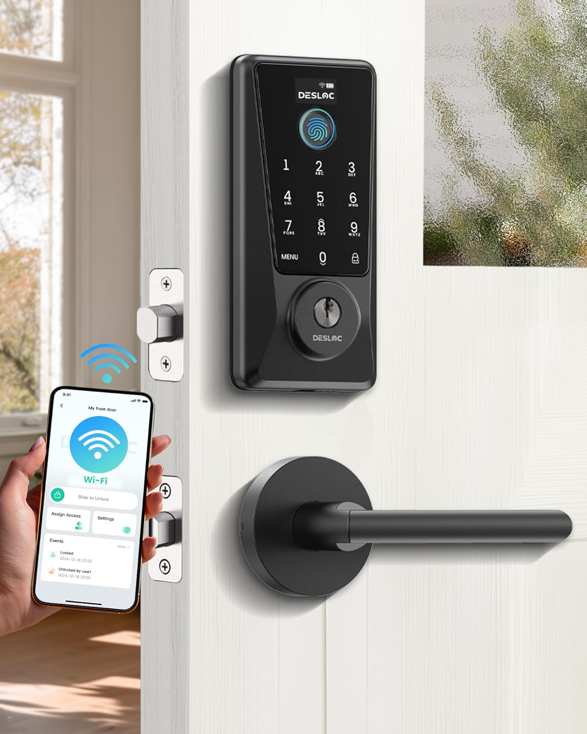 DESLOC D110 Plus Built-in Wi-Fi Smart Lock with 2 Lever Handles, Fingerprint Keyless Entry Door Lock Set, Touchscreen Keypad Deadbolt with Backlit, Remote Control, BHMA 3, IP54 Waterproof, Auto Lock