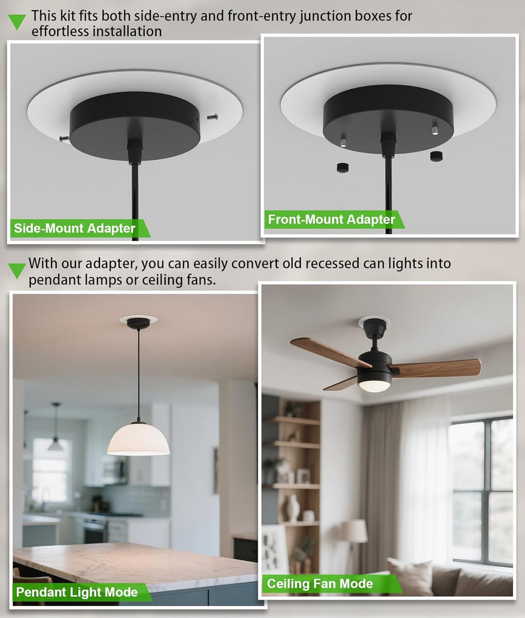 Recessed Can Light Conversion Kit for 5" and 6" Ceiling Fixtures - Pendant/Hanging Light Upgrade, Compatible with Ceiling Fans, Includes 7¾" Flat Steel Medallion, White Finish,2 Pack