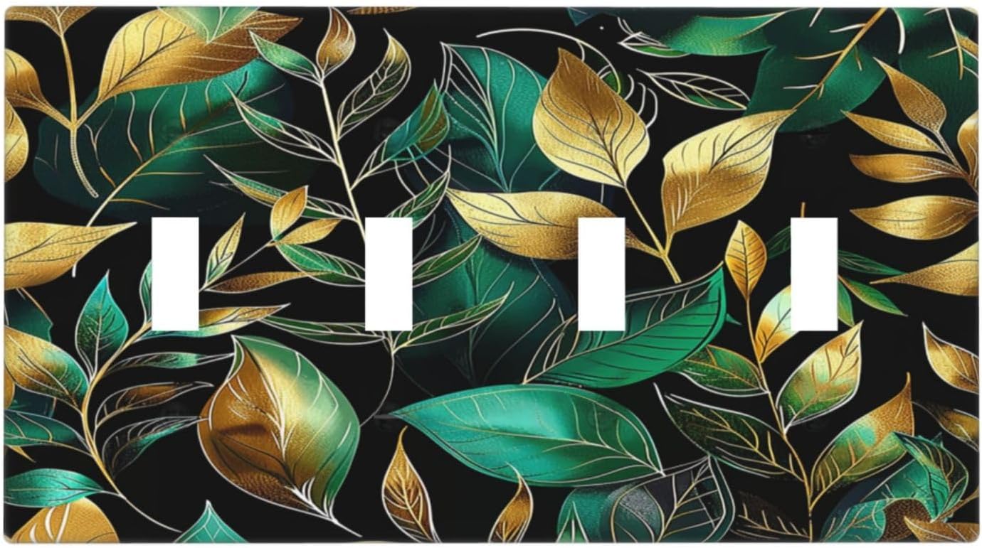 Light Switch Covers Vintage Dark Green Vine Leaf Golden Plants Quad Toggle Electrical Faceplate 4 Gang Wall Plate Decorative Switch Plates for Bed Room Cabin Decor