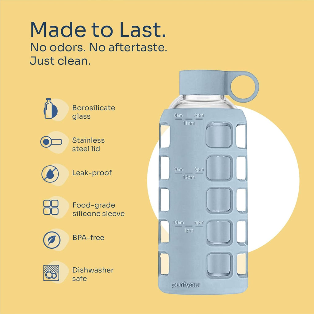 purifyou 40oz / 32oz / 22oz / 12oz Borosilicate Glass Water Bottle with Time & Volume Markers, Silicone Sleeve, Stainless Steel Lid | Reusable Glass Bottle for Water & Juice (22oz Ice Blue)