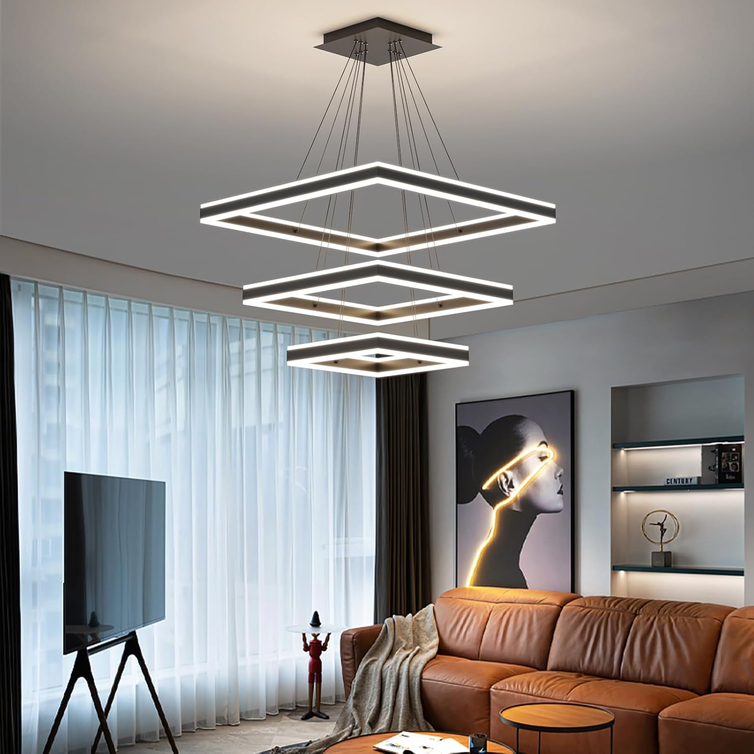 Ceiling Chandelier, with Remote Control Dimmable 3 Color Mode & Brightness (Warm & Cool & Neutral Light) Ceiling Chandelier, Acrylic Anti-Flicker Dining Light Fixture for Kitchen