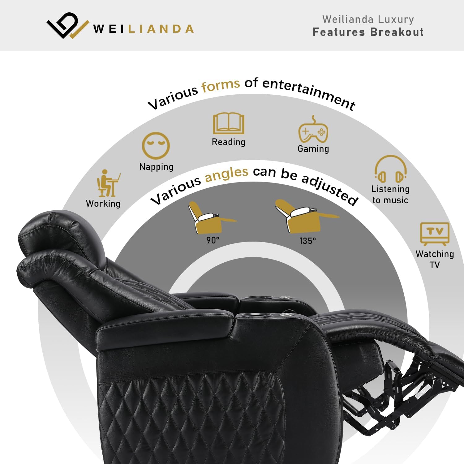 Weilianda Home Theater Seating Top Grain Leather Recliner Chair Power Headrest and Recline Movie Seats Gaming Sofa with Tray Table Type-C USB Charge Cup Holders Row of 1 Black