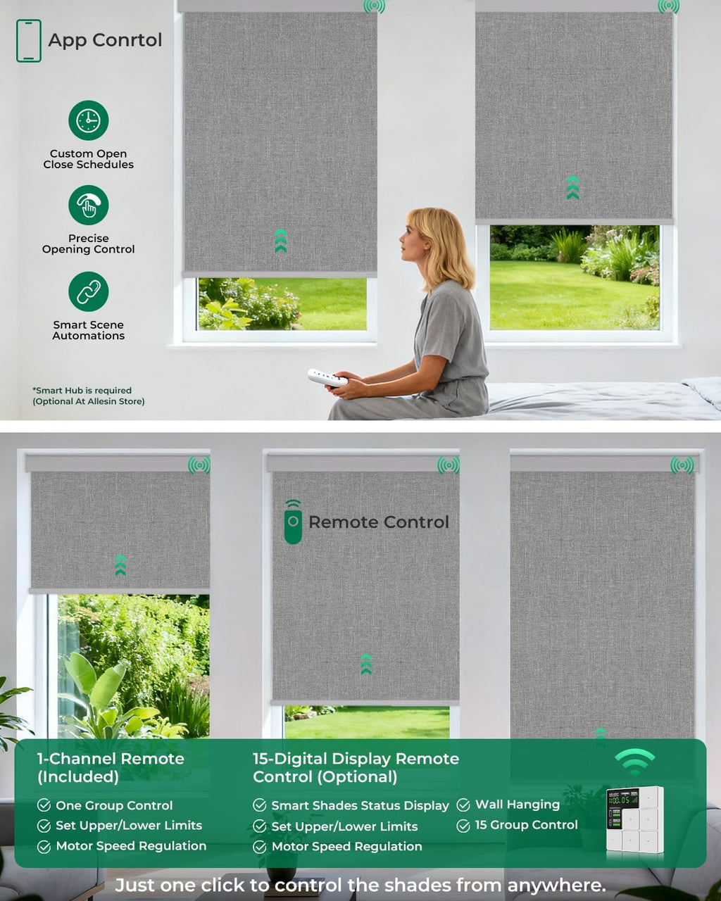 Allesin Motorized Roller Blinds – Rechargeable Smart Shades with Remote & Quiet Motor, Top/Bottom Aluminum Rails, Alexa-Compatible for Window (Custom Size, 100% Blackout Stone-Weave)