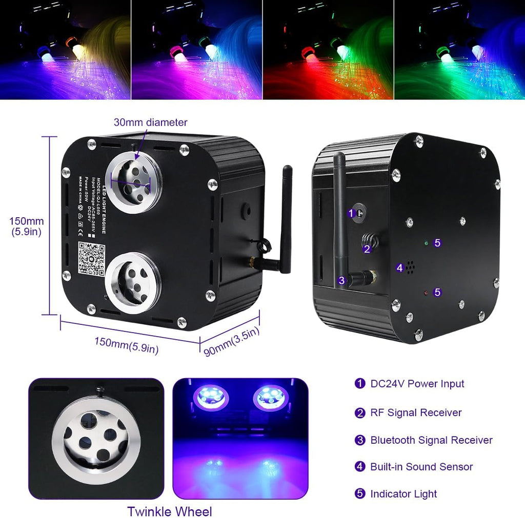 AZIMOM Dual Color High Brightness 50W Twinkle Fiber Optic Light Source RGBW Light Box Engine Diver Music Sensor Mode Bluetooth/RF Control for Home Star Ceiling Light Effect Decor