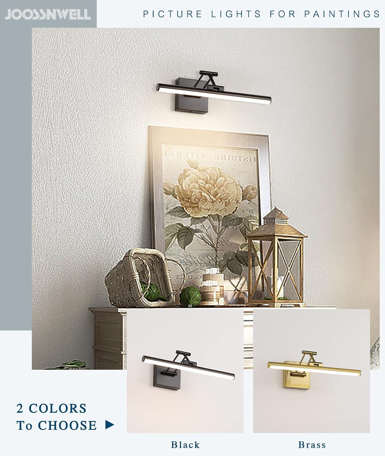 Joossnwell Modern Picture Light Black LED Picture Frame Lights for Paintings Hardwired 110V Gallery Light Artwork Lighting with Adjustable Swing Arm Art Display Lamp 15.5 Inch 7W Warm White