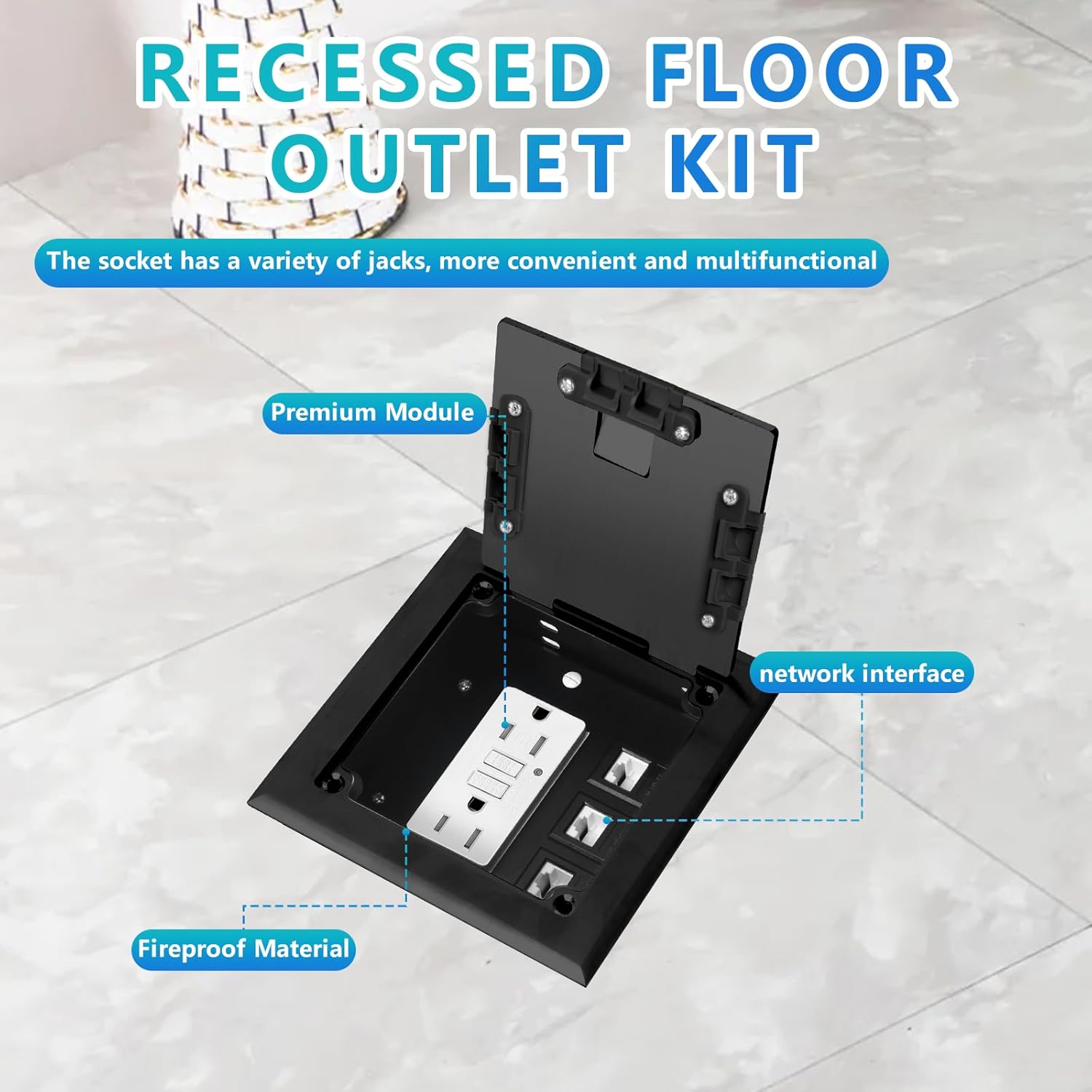 KYHSHJ Recessed Flat Hidden Socket Kit with 2 * 15 Amp Stainless Steel GFCI Tamper Receptacle Outlet+3-Port RJ45 Datacom Receptacle. Internal Height Adjustable，Corrosive Resistant Hardware，Black