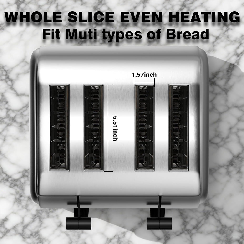 PYY Commercial Toaster 4 Slice for Restaurant - Wide Slots 1.57 inch Stainless Steel 6-Level Setting, with Removable Crumb Tray, 225 Slices/Hour 1800W - Bread, Bagels, Breakfast, Toast