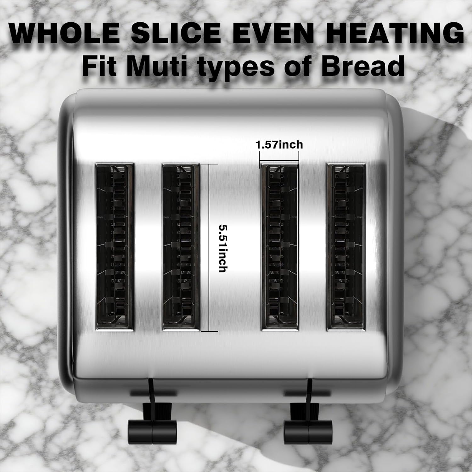 PYY Commercial Toaster 4 Slice for Restaurant - Wide Slots 1.57 inch Stainless Steel 6-Level Setting, with Removable Crumb Tray, 225 Slices/Hour 1800W - Bread, Bagels, Breakfast, Toast