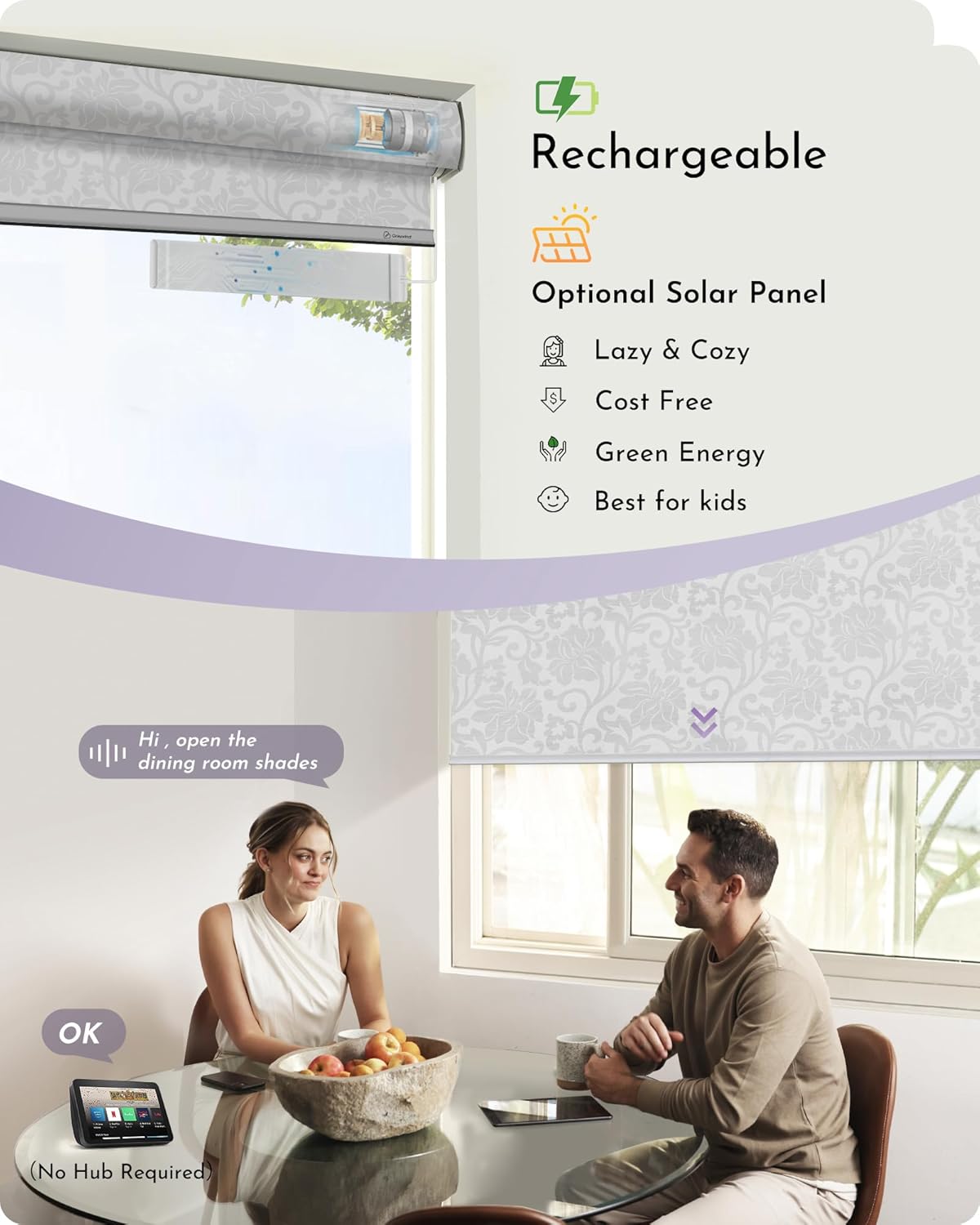 Graywind Smart Blackout Roller Shades Work with Alexa Google Patterned Textured Fabric Rechargeable Motorized Blinds Cordless Remote Control Window Shades, Custom Size (Floral Jacquard White)