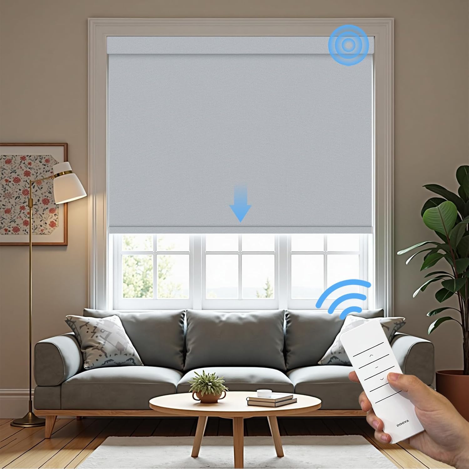 Motorized Roller Blinds with Remote, 100% Blackout Automatic Roller Shades for Bedroom, Bathroom, and Living Room, Customized Size, Morning Haze Gray