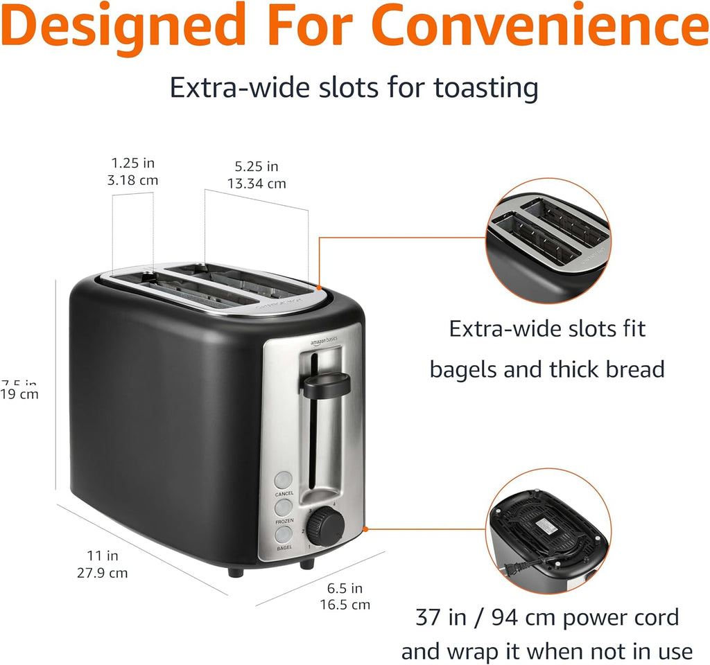 Amazon Basics 2 Slice Toaster, With 6 Browning Settings, Extra Wide Slots For Bagels and Special Breads, Removable Easy-to-Clean Crumb Tray, Cancel/Defrost/Bagel Buttons, 900W, Black & Silver