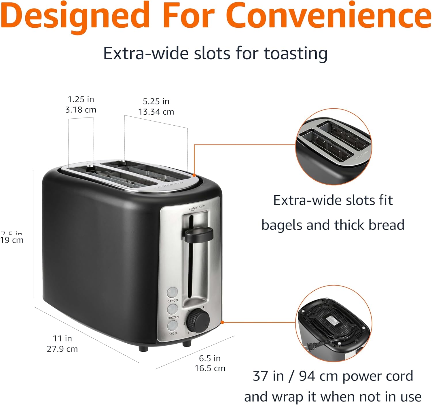 Amazon Basics 2 Slice Toaster, With 6 Browning Settings, Extra Wide Slots For Bagels and Special Breads, Removable Easy-to-Clean Crumb Tray, Cancel/Defrost/Bagel Buttons, 900W, Black & Silver