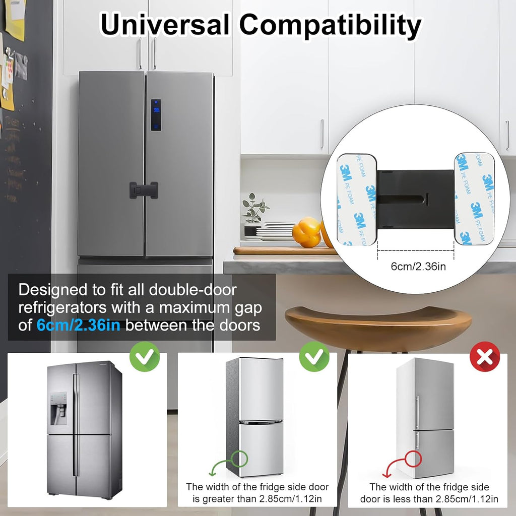 Fridge Locks for Kids, Child Proof Refrigerator Lock, Baby Safety French Fridge Door Lock, Child Cabinet Locks with Strong 3M Adhesive, No Drill, Tool-Free Install (2 Pack, Black)