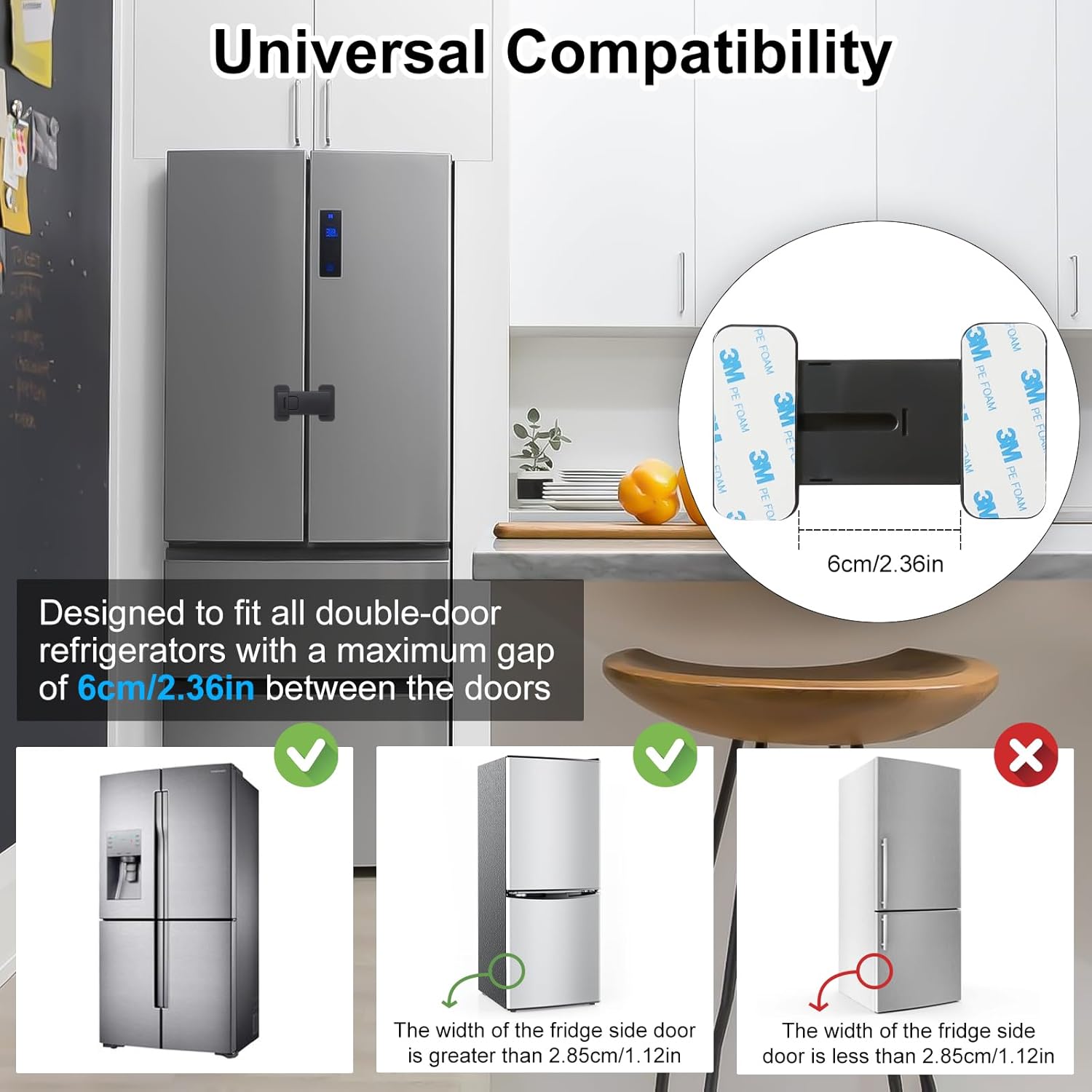 Fridge Locks for Kids, Child Proof Refrigerator Lock, Baby Safety French Fridge Door Lock, Child Cabinet Locks with Strong 3M Adhesive, No Drill, Tool-Free Install (2 Pack, Black)