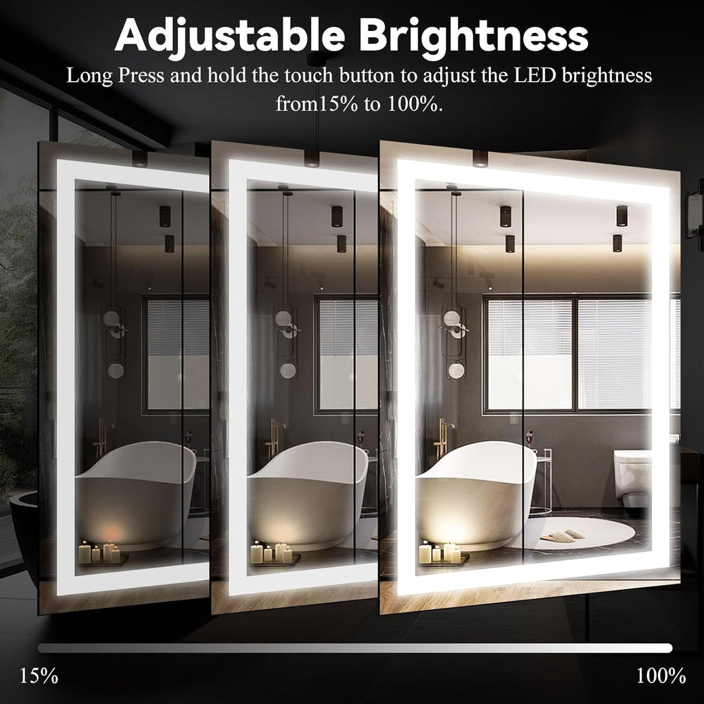 VooBang LED Bathroom Mirror 32 x 48 inches - 3 Adjustable Lighting Modes Lighted Smart Bathroom Vanity Mirror, Anti-Fog, Memory Function, Tempered Glass, Wall Mounted Horizontally Vertically