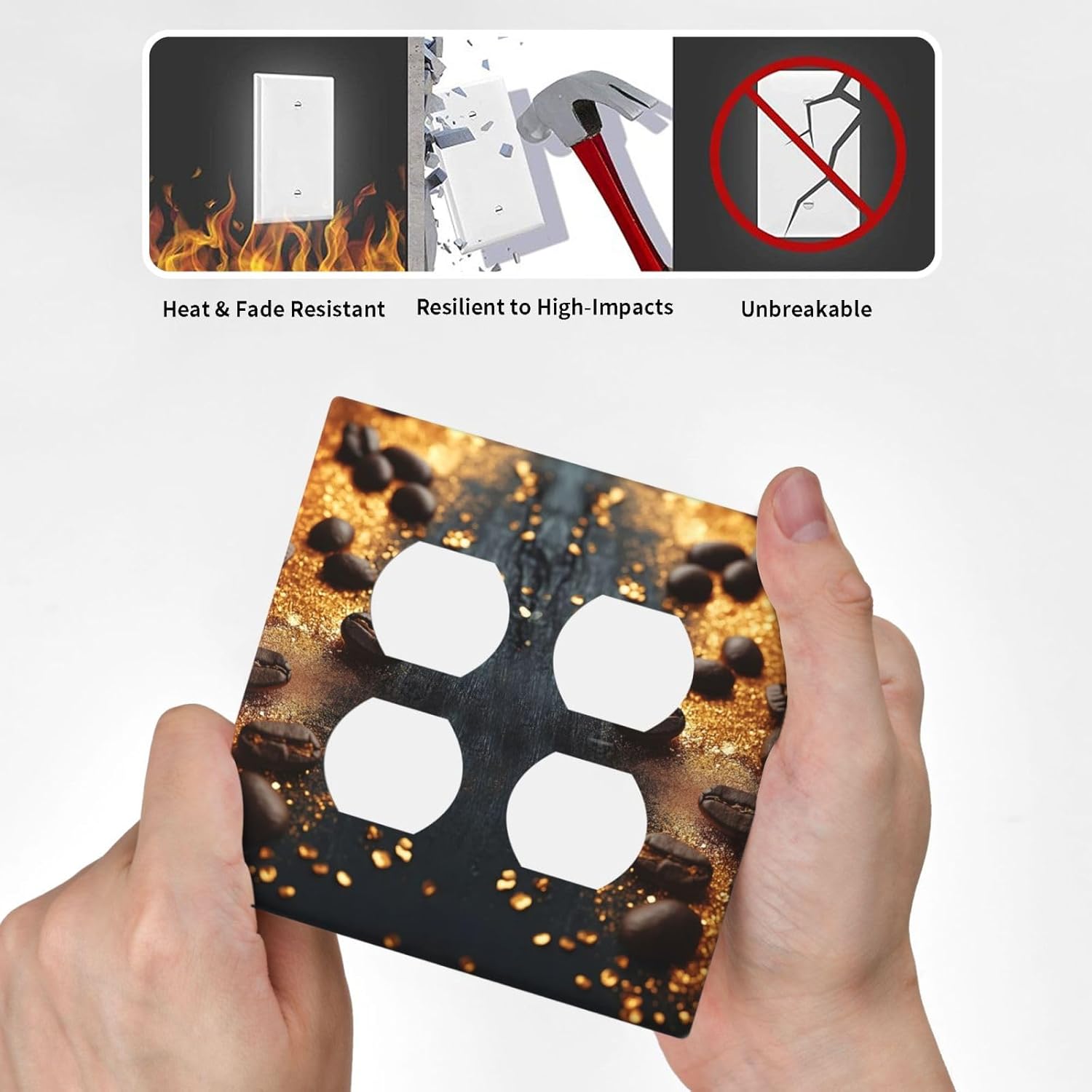 Decorative Outlet Covers Black Wood Board Gold Dust Coffee Beans 2 Gang Wall Plate Cover Double Duplex Receptacle Two Switch Light Switch Cover Plate Jumbo Face Plate
