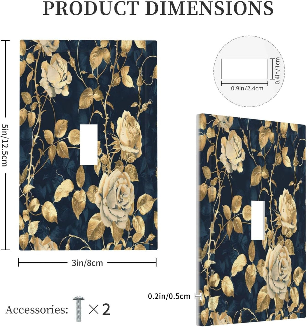 Decorative Light Switch Cover Boho Vintage Floral Golden Flower Dark Blue Background 1 Gang Single Toggle Device Electrical Faceplate Switchplates Decorator Outlet Wall Plate for Bedroom