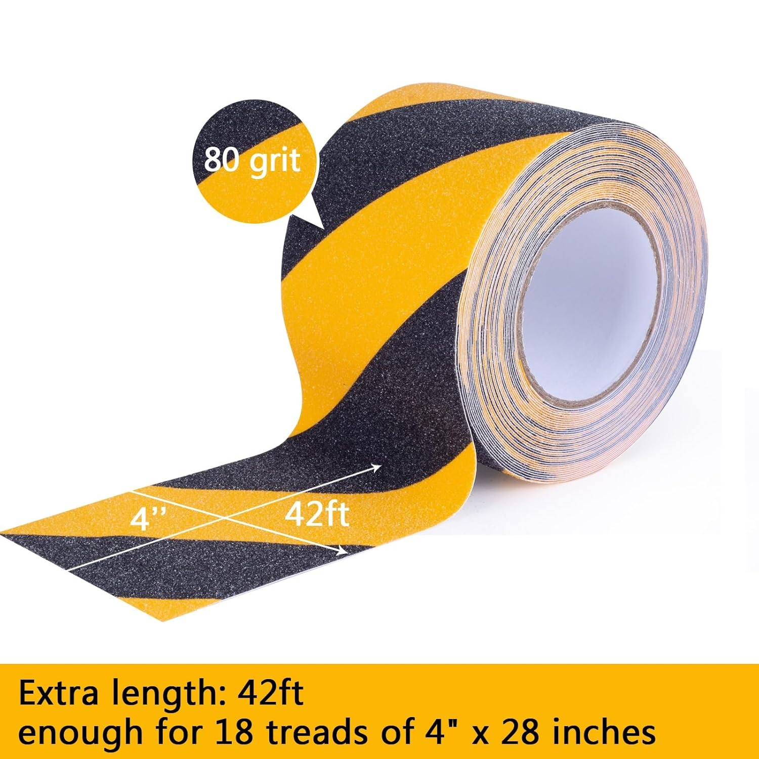 Anti Slip Tape, 4 Inch x 42 Ft Grip Tape for Stairs Outdoor/Indoor, Waterproof Non Skid Roll for Stair Treads Non Slip, High Traction Friction Abrasive Adhesive Stair Steps, Caution Yellow/Black