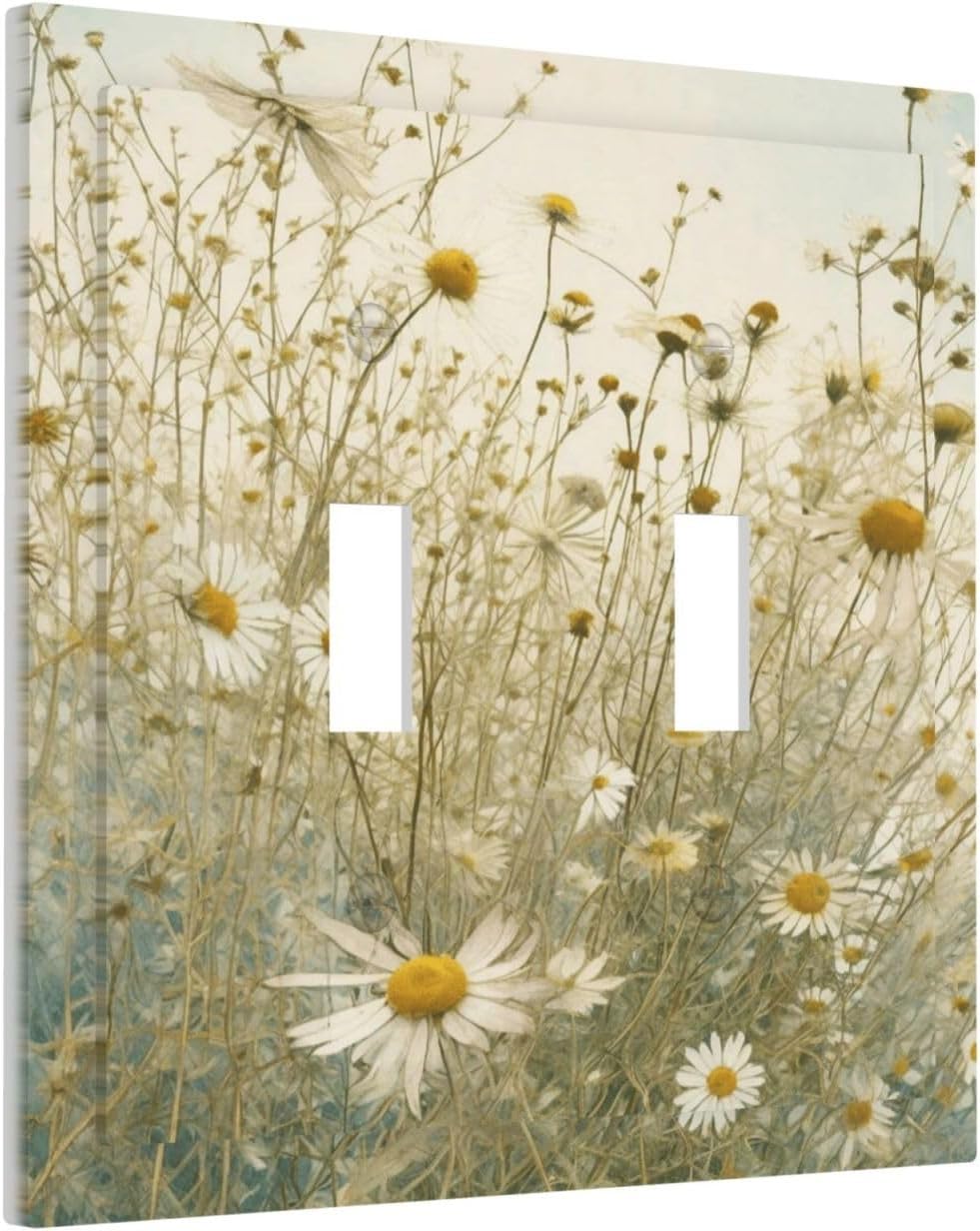 White Wildflowers Daisy Vintage Floral Decorative Switch Plates 2 Gang Double Toggle Outlet Light Switch Cover Wall Plate Electrical Faceplate for Bed Room Living Room Decor