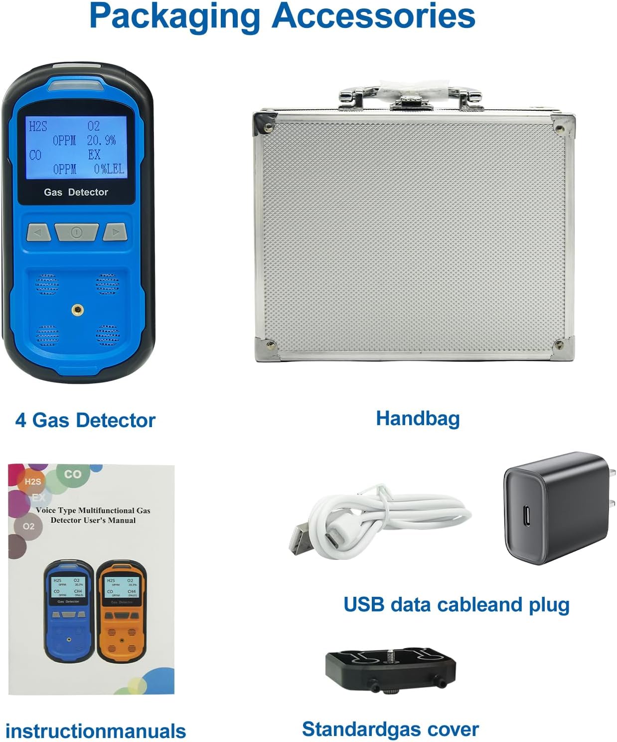 Upgraded 4 Gas Monitor Multi Gas Detector, Yfwsrecinoe Gas Leak Detector, Rechargeable 4 Gas Monitor Ex H2s Co O2 with LCD Multiple Indicator (Blue)
