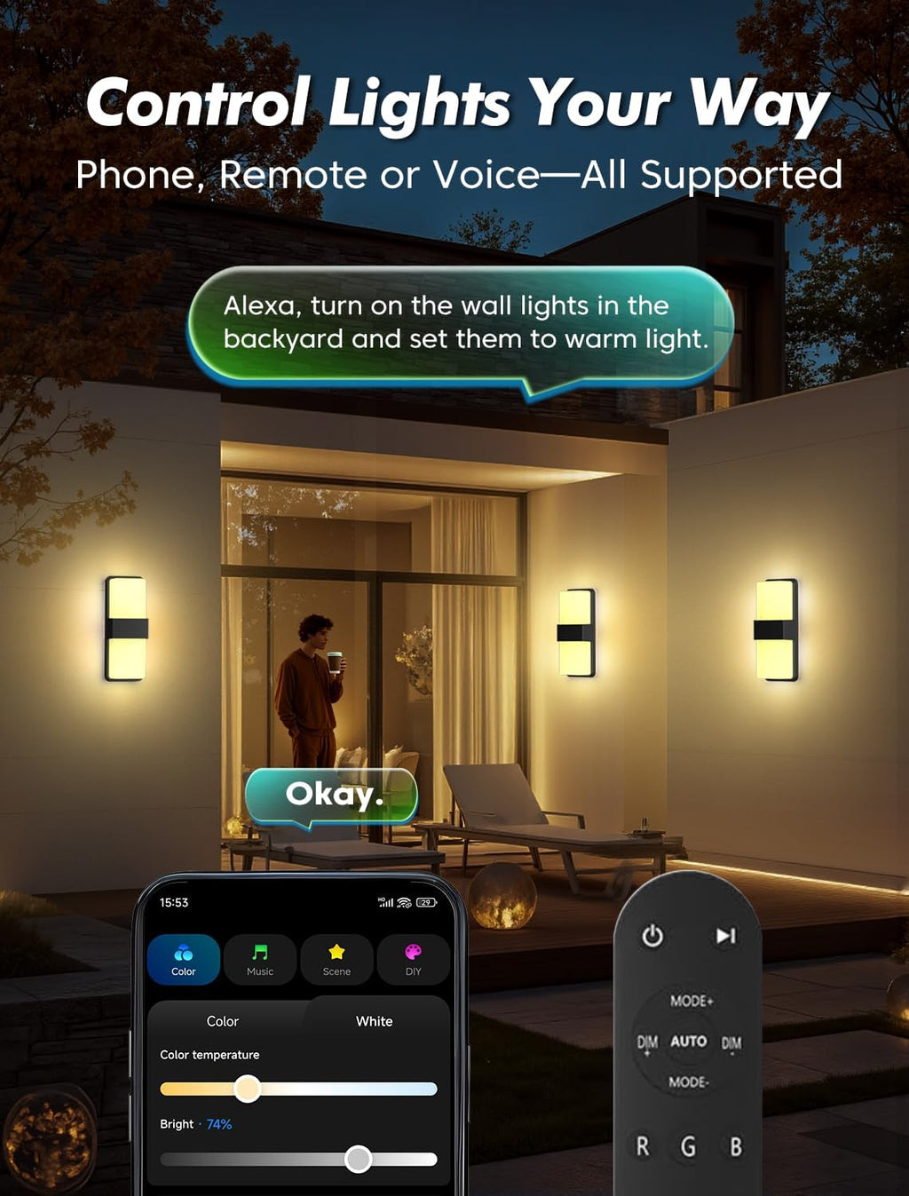 Outdoor Wall Lights, RGBCW Smart LED Lamp, Color Changing Front Door Sconce, Porch Lights Outdoor Light Fixture,12in Exterior Wall Sconces, Remote & Wi-Fi Control, IP65 Waterproof, 2 Pack