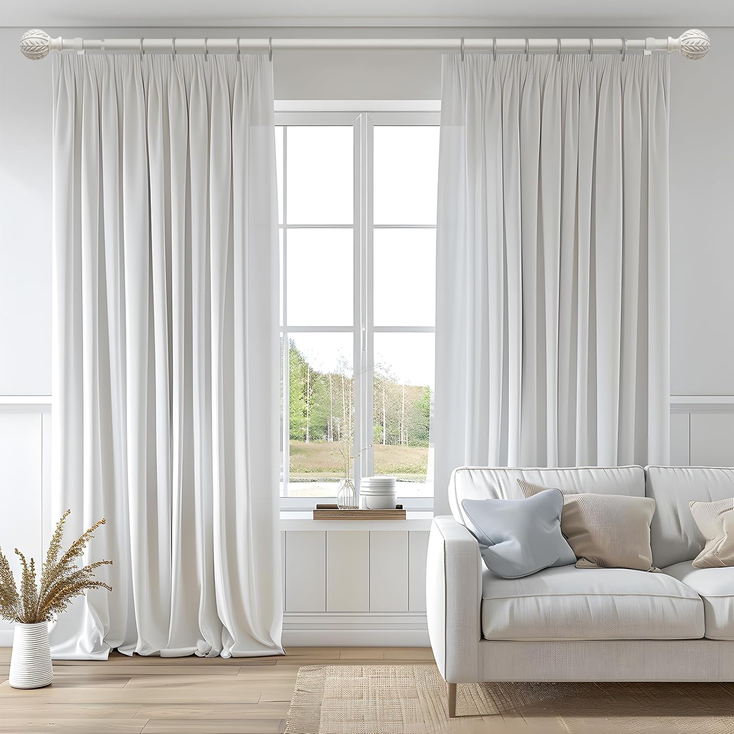 Antique White Curtain Rods for Windows 28 to 48 inch,1" Adjustable Heavy Duty Window Curtain Rod with Leaf Finials,Rustic Decorative Drapery Rods Set,Size:18-60''