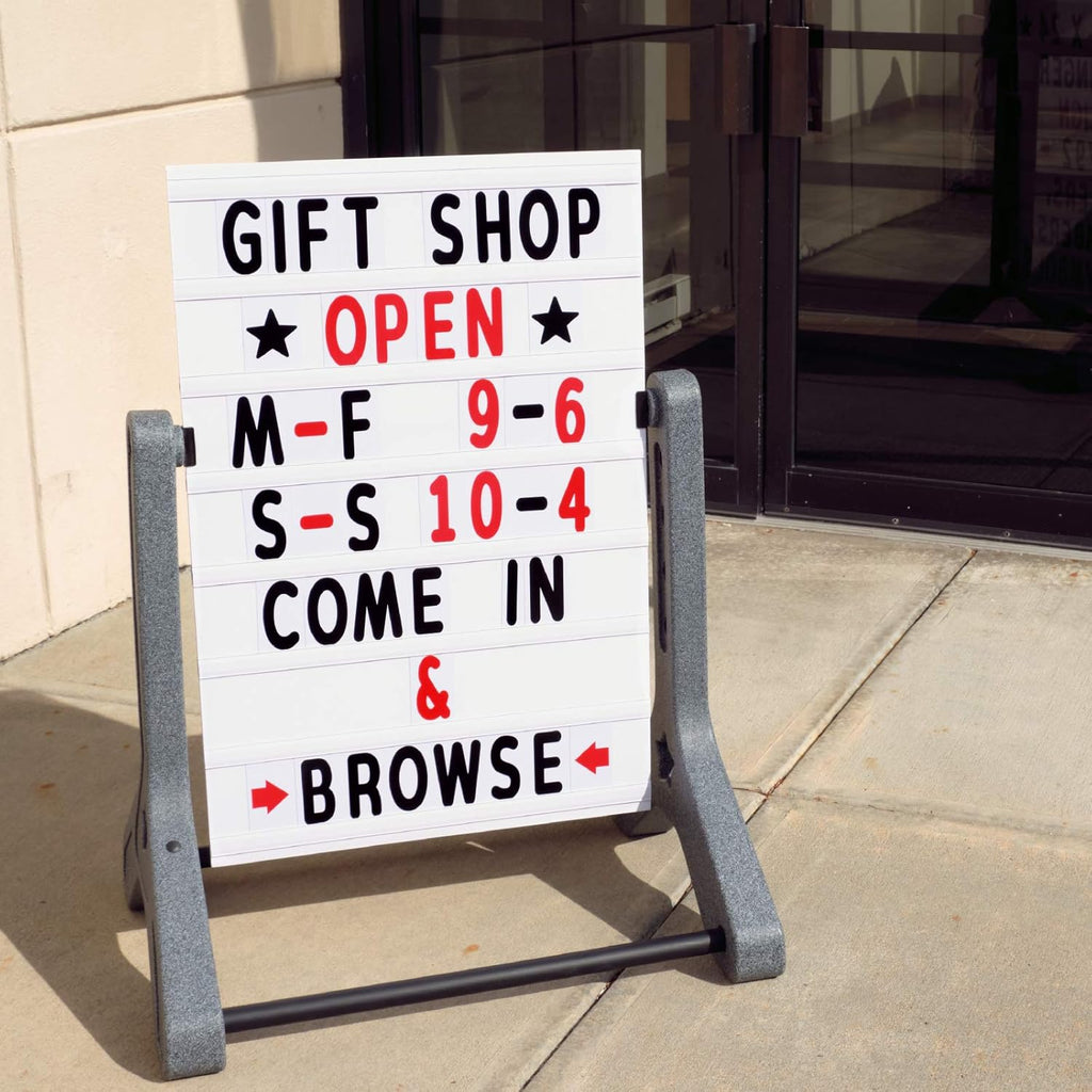 Swinging Changeable Message Sidewalk Sign: 24" x 36" Sign with 792 Pre-Cut Double Sided Letters and Storage Box. Includes Black Board & Letter Board (Granite Color Legs)