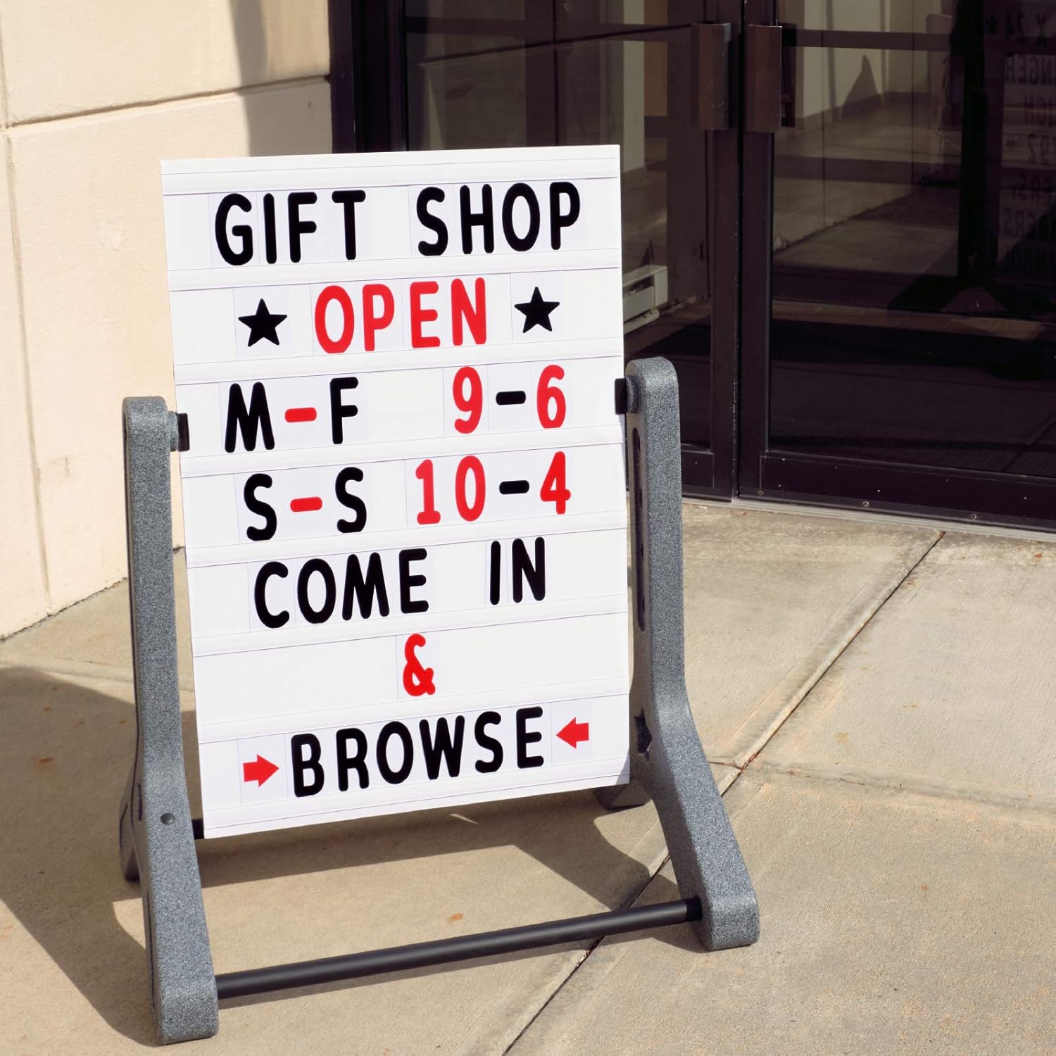 Swinging Changeable Message Sidewalk Sign: 24" x 36" Sign with 792 Pre-Cut Double Sided Letters and Storage Box. Includes Black Board & Letter Board (Granite Color Legs)