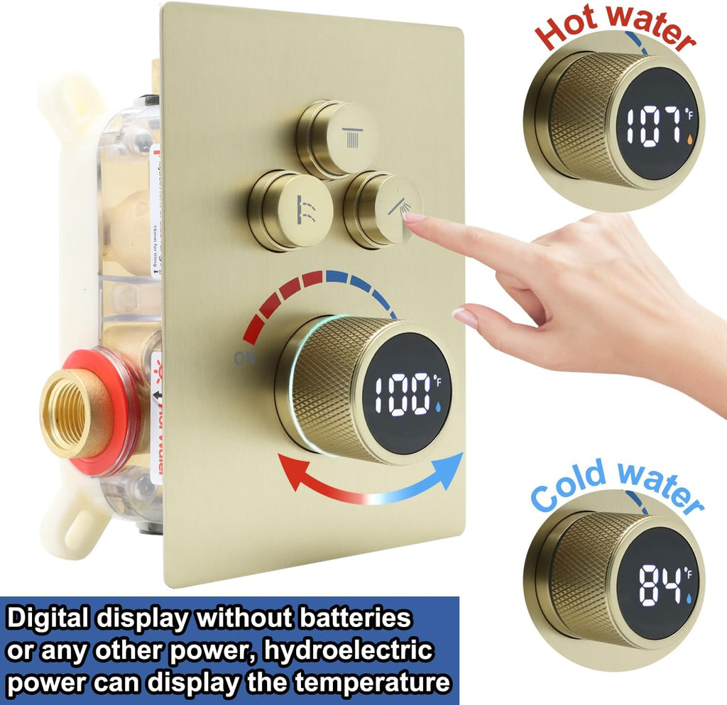 Digital Display Shower Valve Shower Valve 3 Way Shower Diverter Valve Shower Mixing Valve Can Use All the Time Brushed Gold
