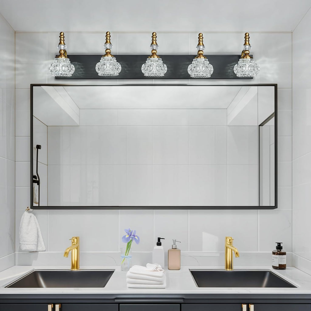 Modern Glass Crystal Vanity Light - Vintage Bathroom Lighting Fixtures Over Mirror, 5 Light Vanity Lights G9 Bulb (35.43 Inch, Black Gold)