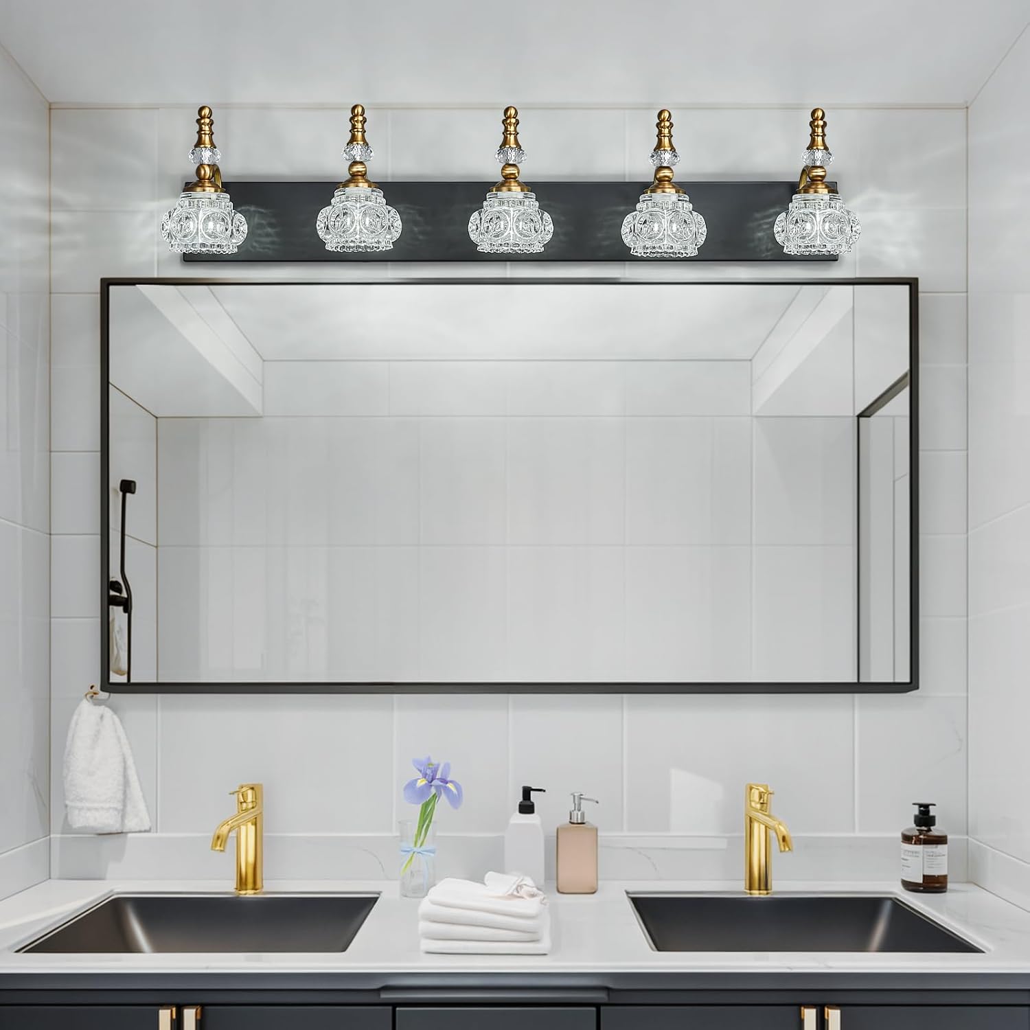 Modern Glass Crystal Vanity Light - Vintage Bathroom Lighting Fixtures Over Mirror, 5 Light Vanity Lights G9 Bulb (35.43 Inch, Black Gold)