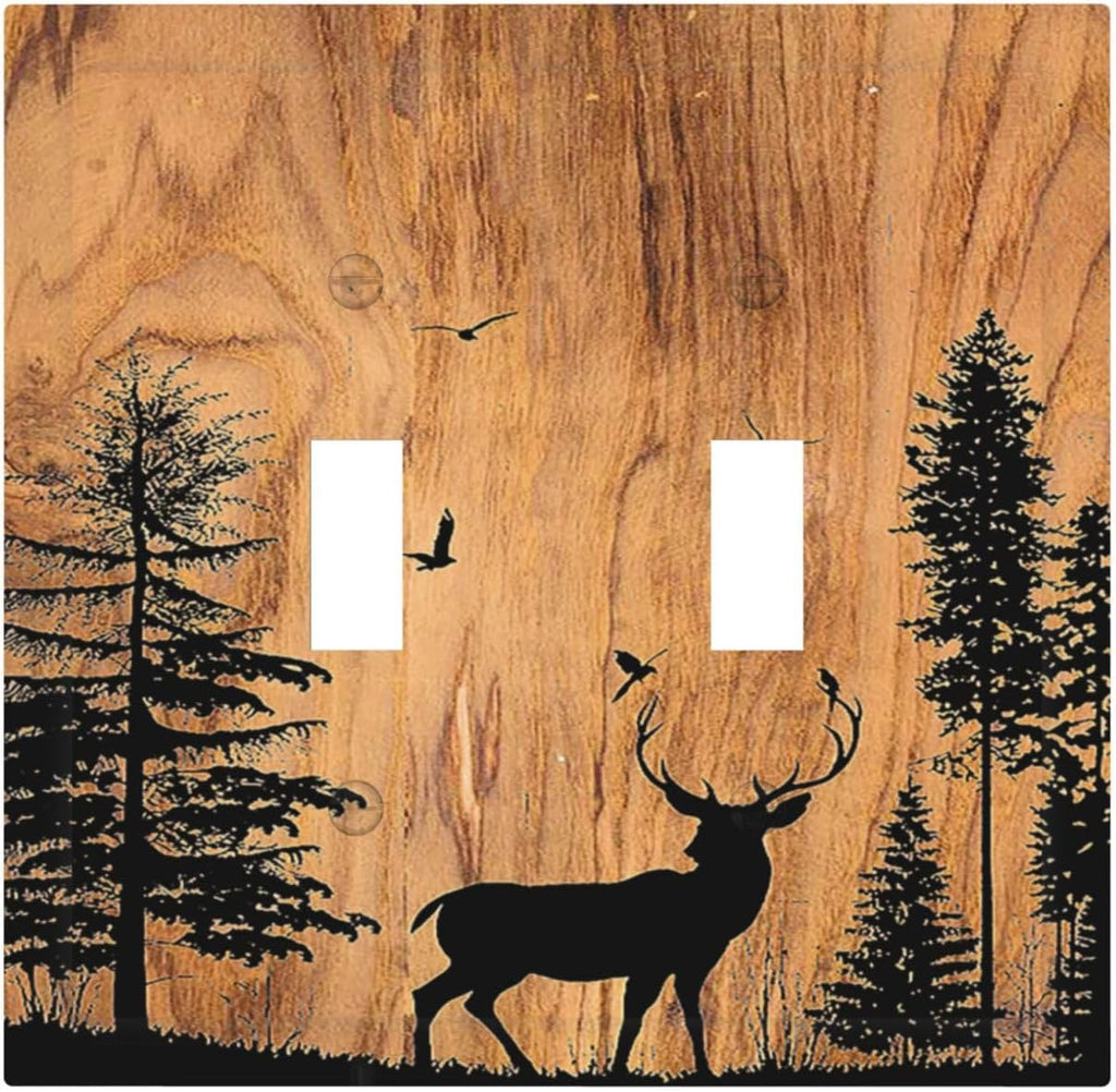 Decorative Switch Plates Rustic Farmhouse Orange Brown Pine Tree Deer Wood Grain 2 Gang Double Toggle Outlet Light Switch Cover Wall Plate Electrical Faceplate for living Room Cabin Decor