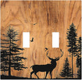 Decorative Switch Plates Rustic Farmhouse Orange Brown Pine Tree Deer Wood Grain 2 Gang Double Toggle Outlet Light Switch Cover Wall Plate Electrical Faceplate for living Room Cabin Decor