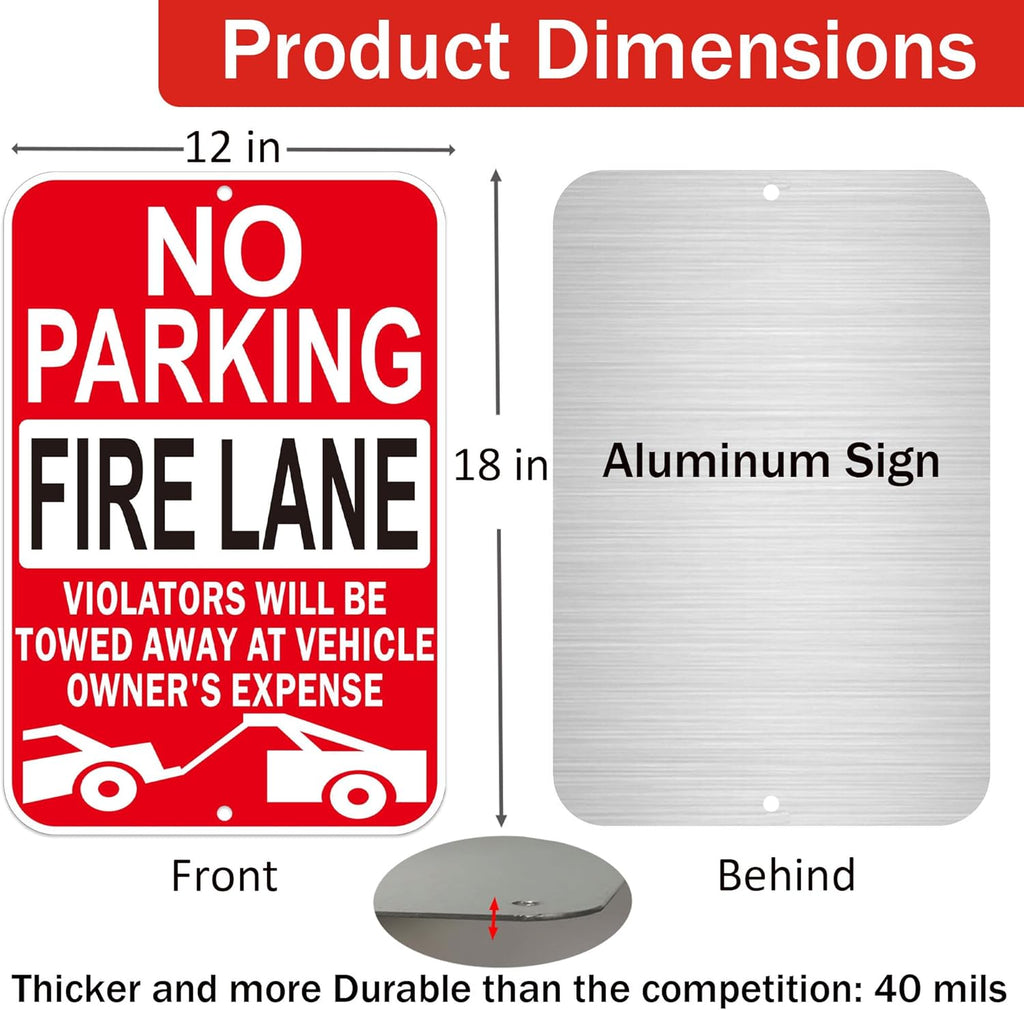 No Parking Fire Lane Signs, Red, Reflective Aluminum, 12 x 18 Inches, Weather Resistant, Wall Mount, 2 Pack
