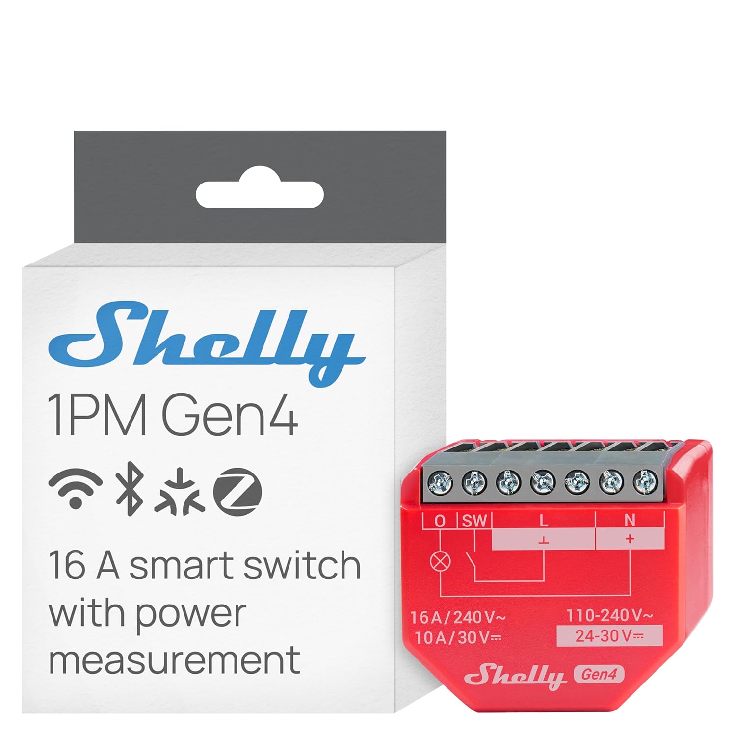 Shelly 1PM Gen4 | Wi-Fi, Zigbee, Matter Smart Relay Switch with Power Metering, 1-Channel 16A | Home Automation | Alexa, Google Home, Apple HomeKit Compatible | iOS Android App | No Hub
