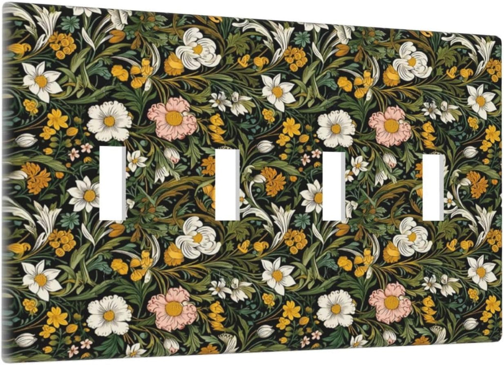 Decorative Light Switch Plate Covers Rustic Green Leaf White Daisy Yellow Floral 4 Gang Light Switch Cover Plate Quad Toggle Wall Plate Outlet Covers Faceplate for Bedroom Home Decor