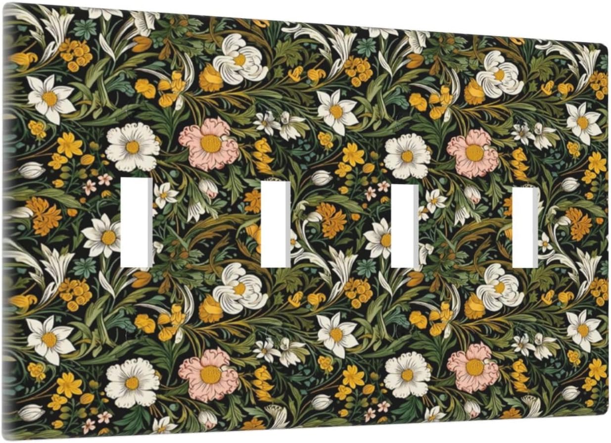 Decorative Light Switch Plate Covers Rustic Green Leaf White Daisy Yellow Floral 4 Gang Light Switch Cover Plate Quad Toggle Wall Plate Outlet Covers Faceplate for Bedroom Home Decor