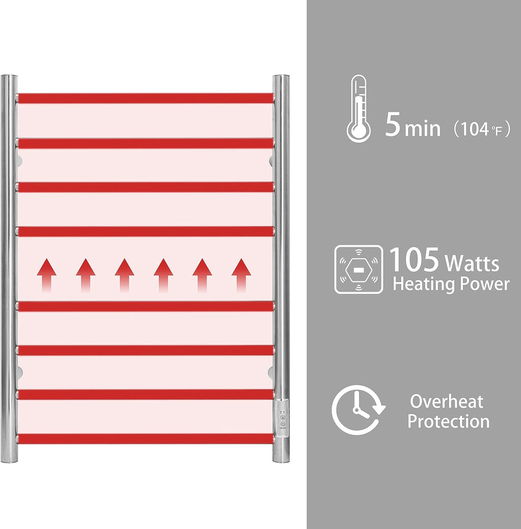 KEG Towel Warmer Wall Mounted with Built-in Timer 8 Bars Electric Stainless Steel Heated Towel Racks for Bathroom, Hot TW-8-PC Towel Warmer 8 bars polish chrome