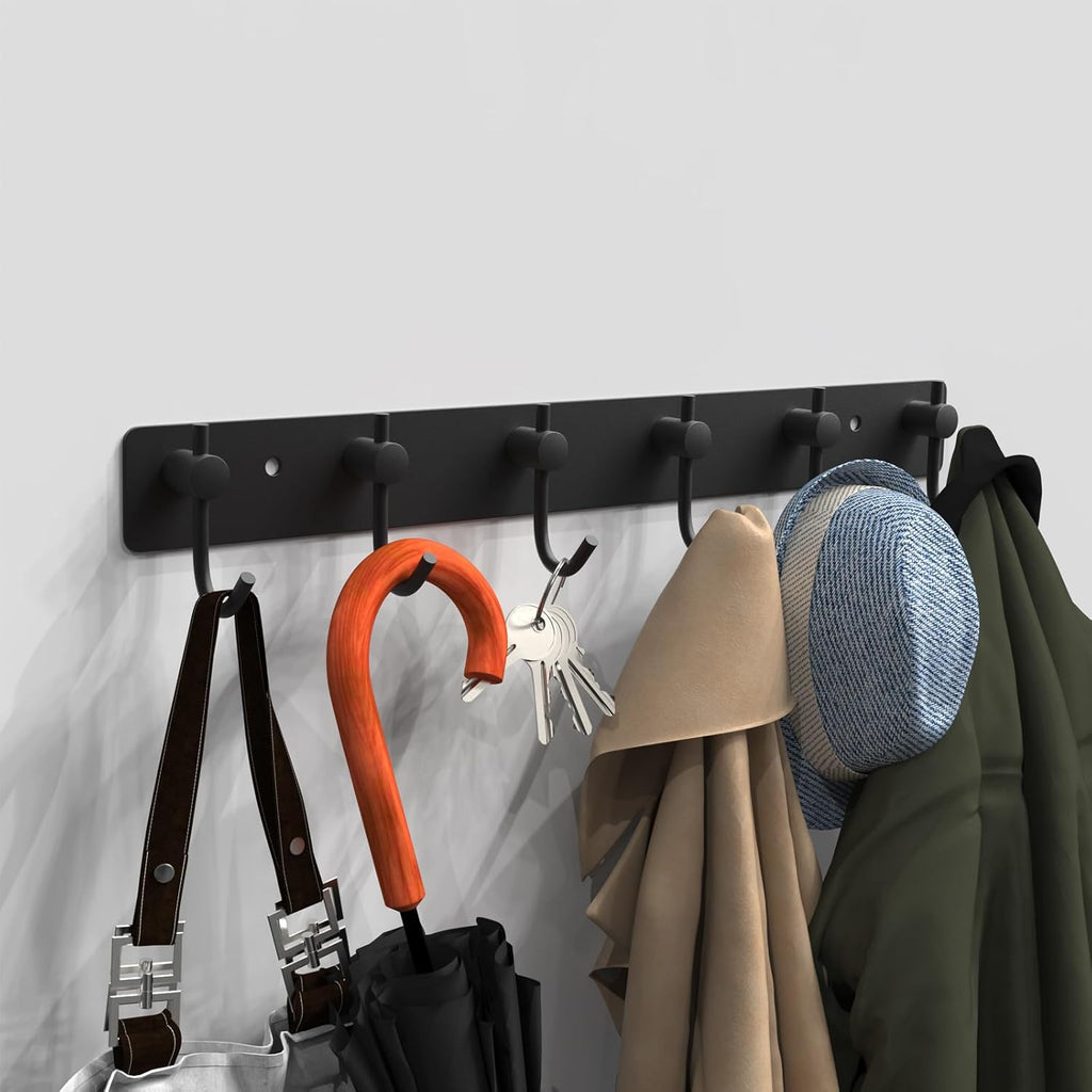 VAEHOLD Wall Hooks for Hanging, Black Coat Rack Wall Mount with 6 Coat Hooks, Towel Hanger, Hat Hooks, Robes Hook in Bathroom, Bedroom, Kitchen, Living Room (2 Pack)