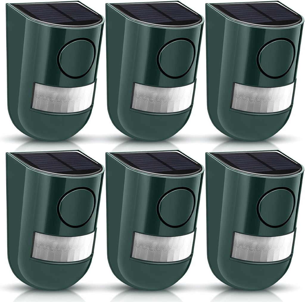 Qualirey 6 Pack Solar Sound and Light Alarm Motion Sensor 129db Outdoor Security Siren Waterproof Motion Activated Detector Alarm 6 LEDs Flash Warning Strobe System for Home, Farm (Green)