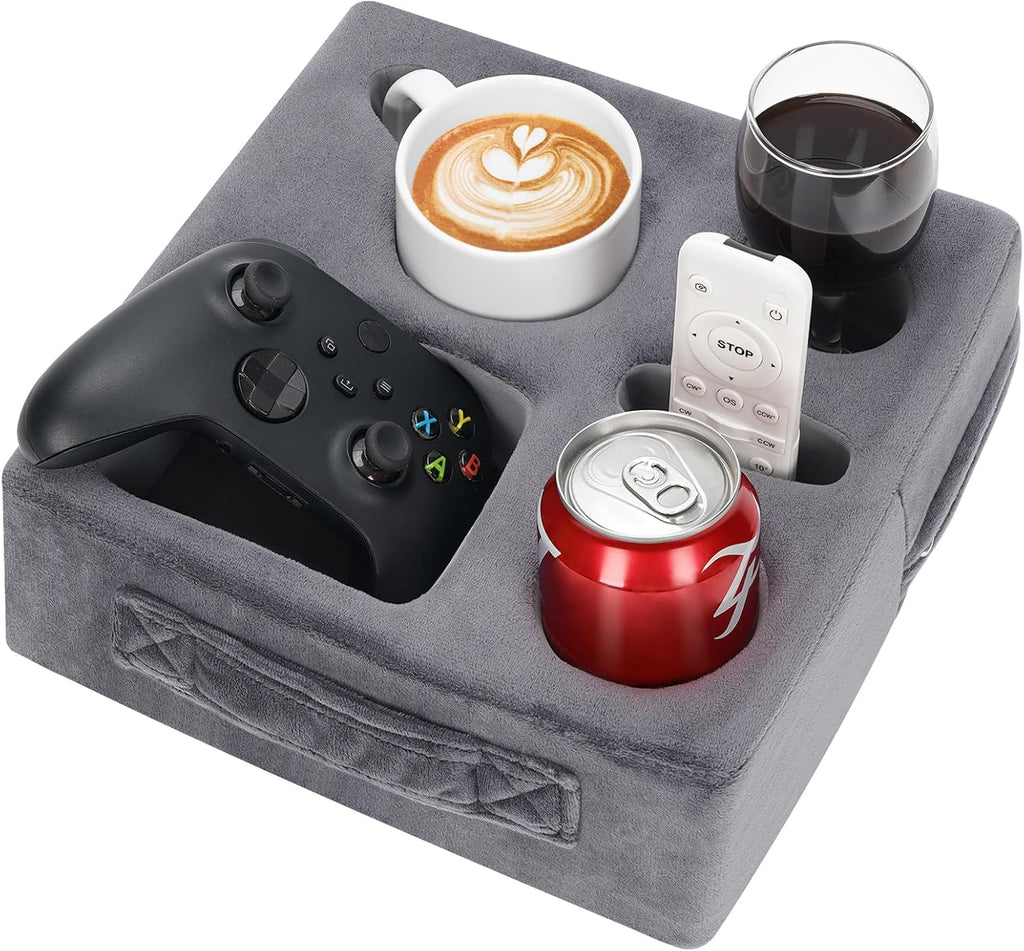 STBoo Couch Cup Holder Pillow - Sofa Drink Cup Holder Cozy Buddy | Bed Caddy Organizer Holds Remote, Snacks, Phones | Waterproof Anti-Spill Sofa Beverage Tray for Car, Pack, Beach, RV, Boat (Grey)