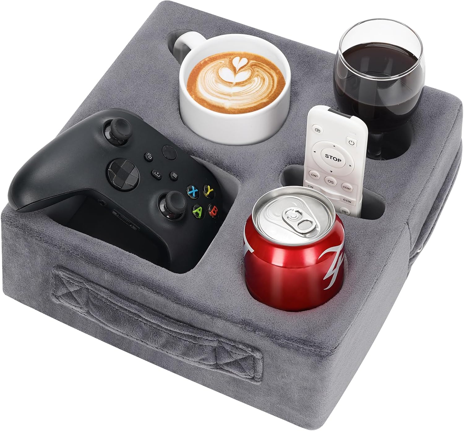 STBoo Couch Cup Holder Pillow - Sofa Drink Cup Holder Cozy Buddy | Bed Caddy Organizer Holds Remote, Snacks, Phones | Waterproof Anti-Spill Sofa Beverage Tray for Car, Pack, Beach, RV, Boat (Grey)