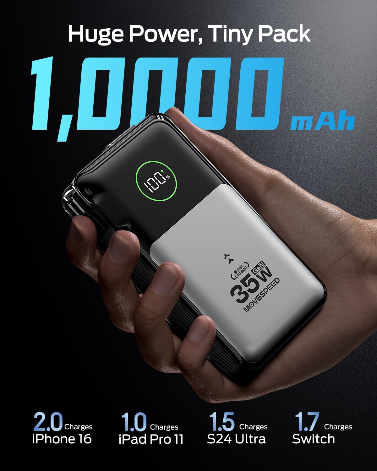 MOVE SPEED 3 in 1 Portable Charger with Built-in Retractable 27.6in Cable and Foldable Wall Plug, 35w 10,000mAh Fast Charging Power Bank, Travel Essential Battery Pack for iPhone 17/16/15,Galaxy