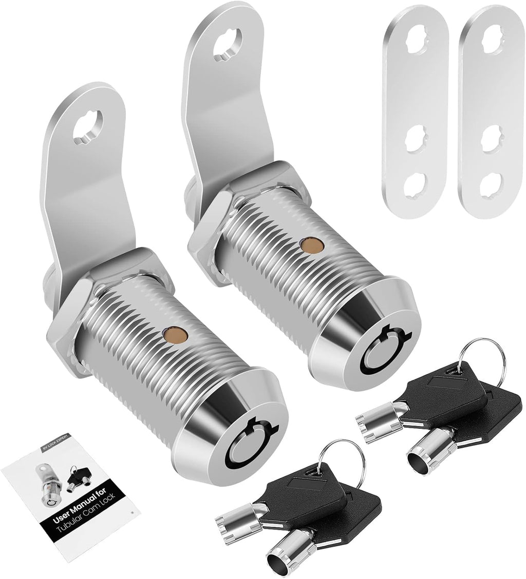 2 Pack Cabinet Lock with Keys, 1-1/8” RV Storage Locks Keyed Alike, RV Locks for Storage Door, Camper Cabinet Toolbox RV Cam Locks with Manual