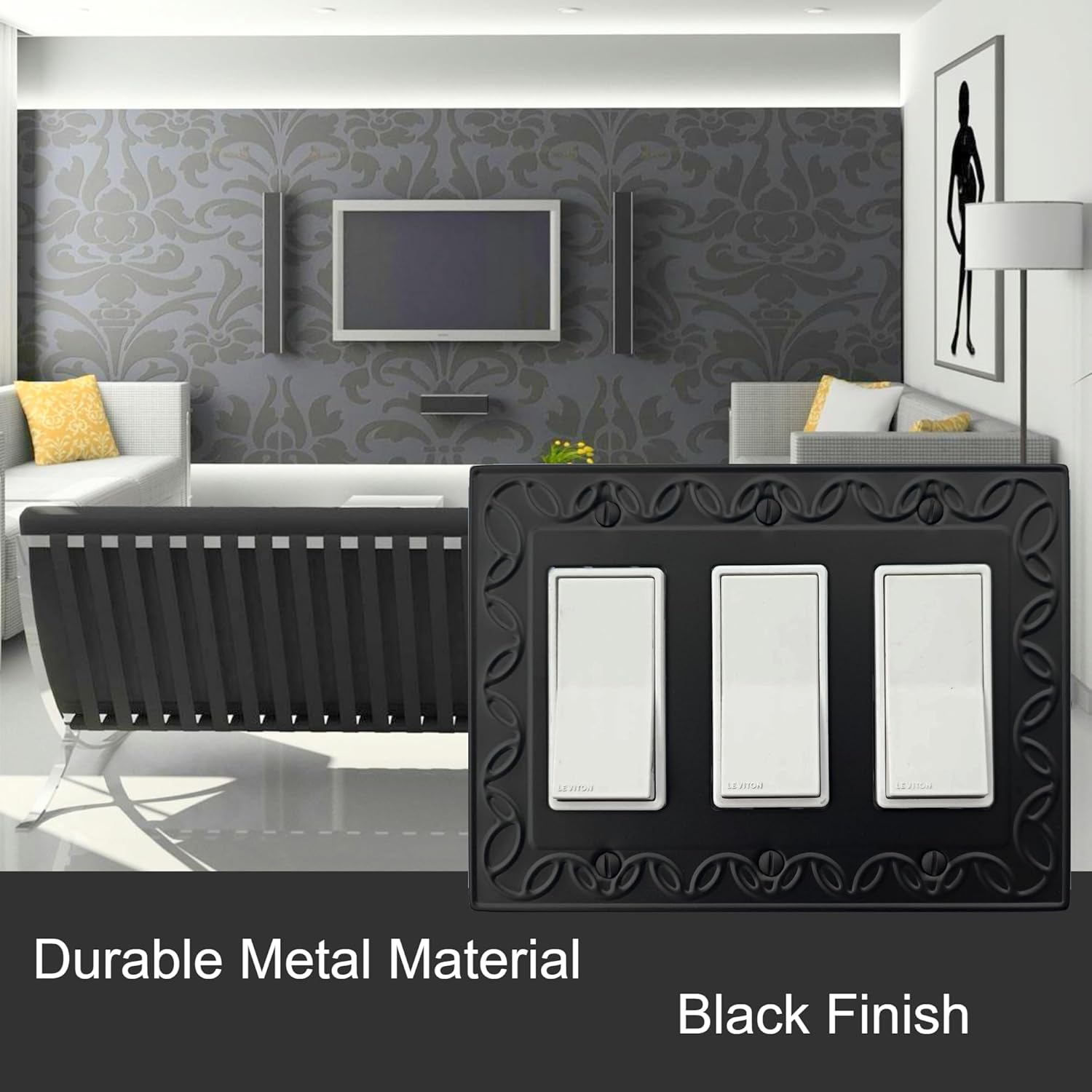 Triple Decorator Light Switch Cover NovaBloom Metal Wall Plate, 2-Pack Black 3 Gang Triple Rocker, Receptacle Dimmer Switch Cover GFCI Outlet Decorative Wallplate, Durable