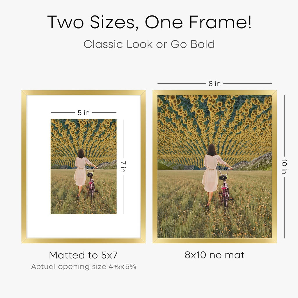 Homeforia 8x10 Picture Frame Gold, High End Metal 8 x 10 Photo Frames with Mat 5 by 7 Art, 10x8 Poster Frame Matted to 5x7 inch Print, 8by10 Wall or Tabletop Frames, Tempered Glass, Wall Kit, Set of 2